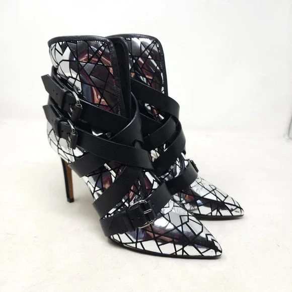 Balmain Paris Womens Boots Jackie Mosaic Silver Metallic Strappy Ankle Heel 37 7 - Picture 2 of 11